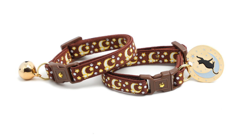 Gold Moons and Stars on Brown Cat Collar