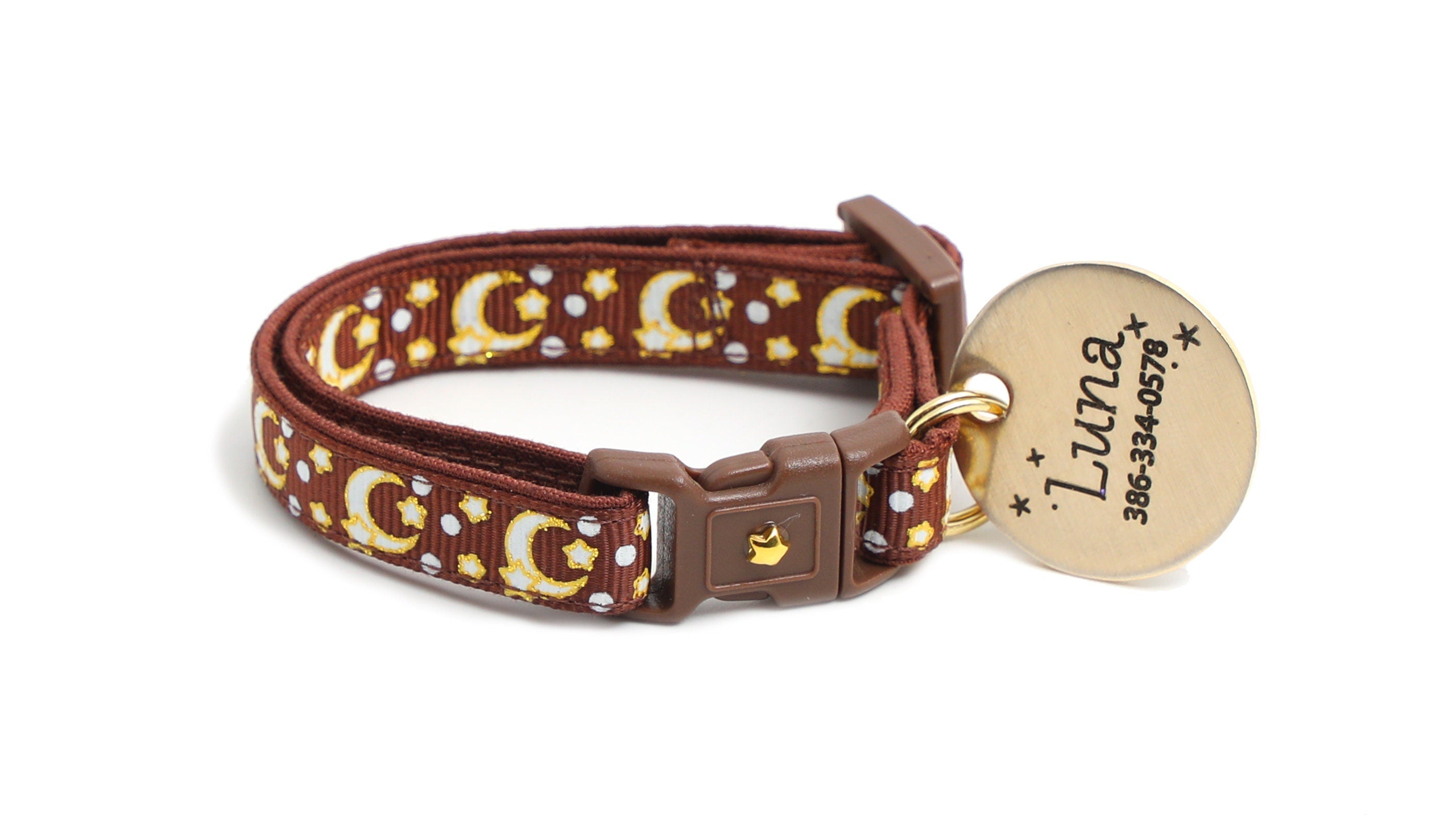 Gold Moons and Stars on Brown Cat Collar